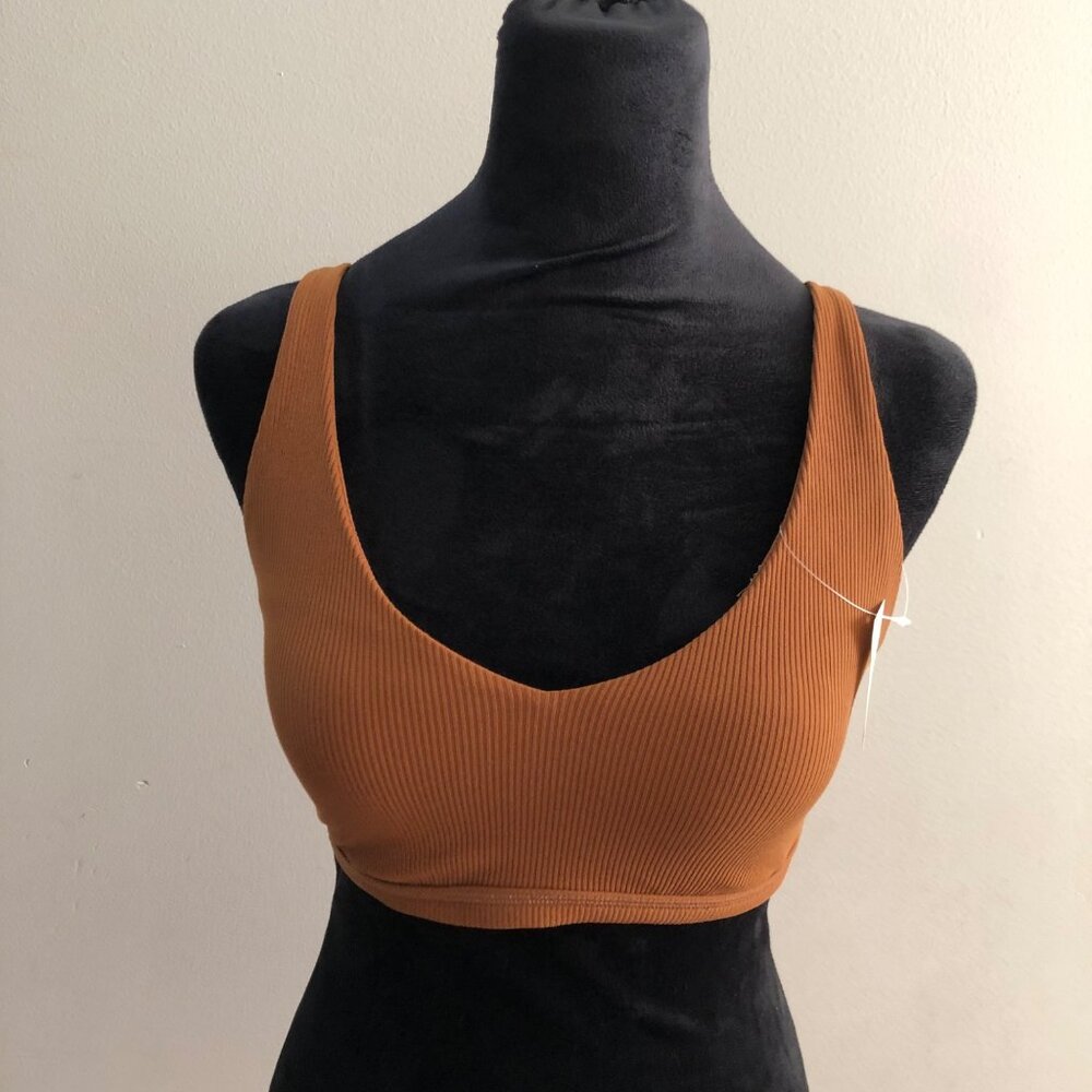 OFFLINE by Aerie Goals Ribbed Sports Bra Brown Medium Support V-Neck Small NWT